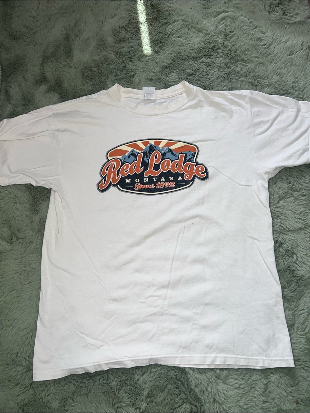 Anvil White Graphic Tee with Orange Red Lodge Logo